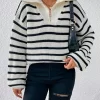 Striped Pattern Drop Shoulder Half Zip Sweater