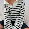 Striped Pattern Drop Shoulder Half Zip Sweater - Image 2