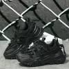 Men Patch Decor Lace-up Front Chunky Sneakers, Black Round Toe Sneakers For Daily
