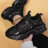 Sporty Black Chunky Shoes For Women, Patch Decor Lace Up Sneakers