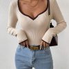 Essnce Contrast Binding Sweetheart Neck Ribbed Knit Sweater