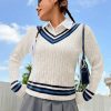 Qutie Striped Trim Cable Knit Sweater Without Blouse