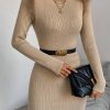 Privé Fuzzy Trim Ribbed Knit Sweater Dress Without Belt