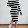 Striped Pattern Button Front Cardigan & Bodycon Dress - Image 3