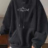 Men Shark Print Kangaroo Pocket Drawstring Hoodie