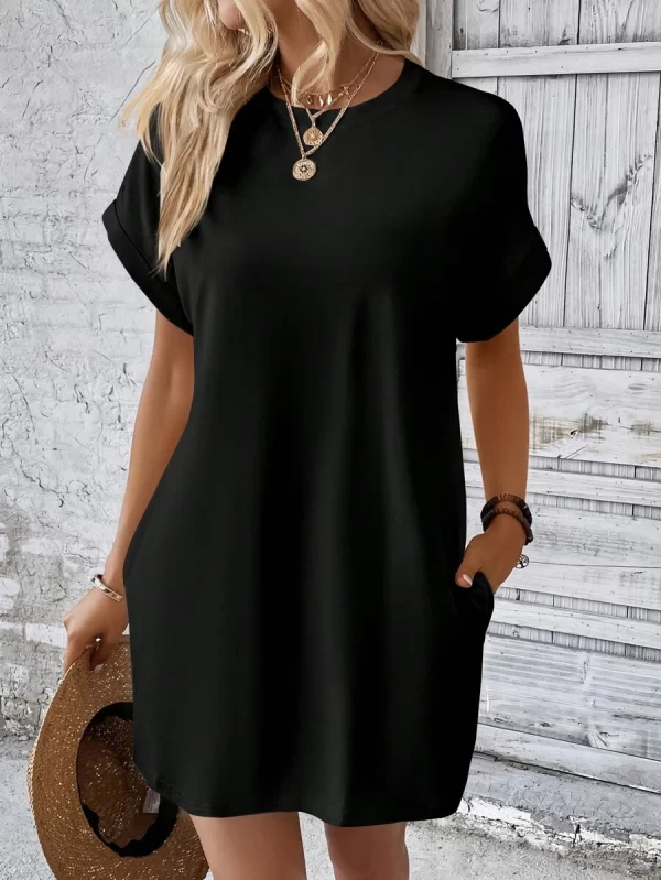 Solid Batwing Sleeve Hidden Pocket Tee Dress