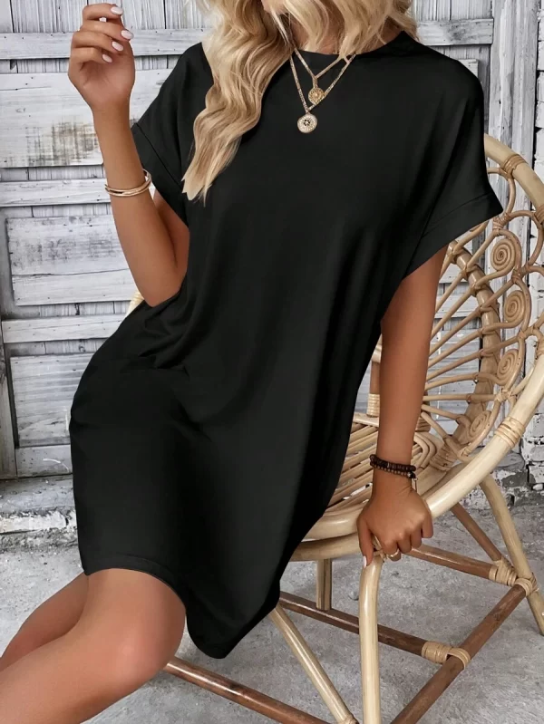 Solid Batwing Sleeve Hidden Pocket Tee Dress - Image 2