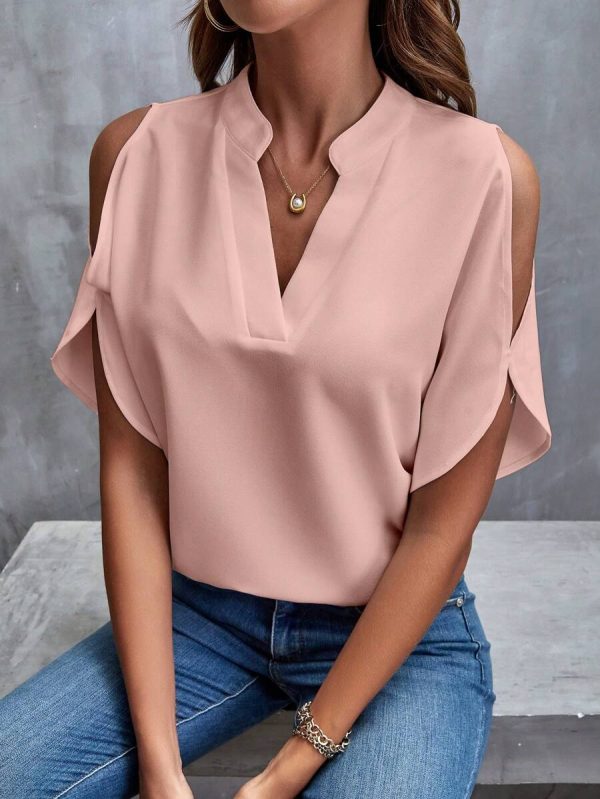 Solid Cold Shoulder Split Sleeve Popover Blouse
