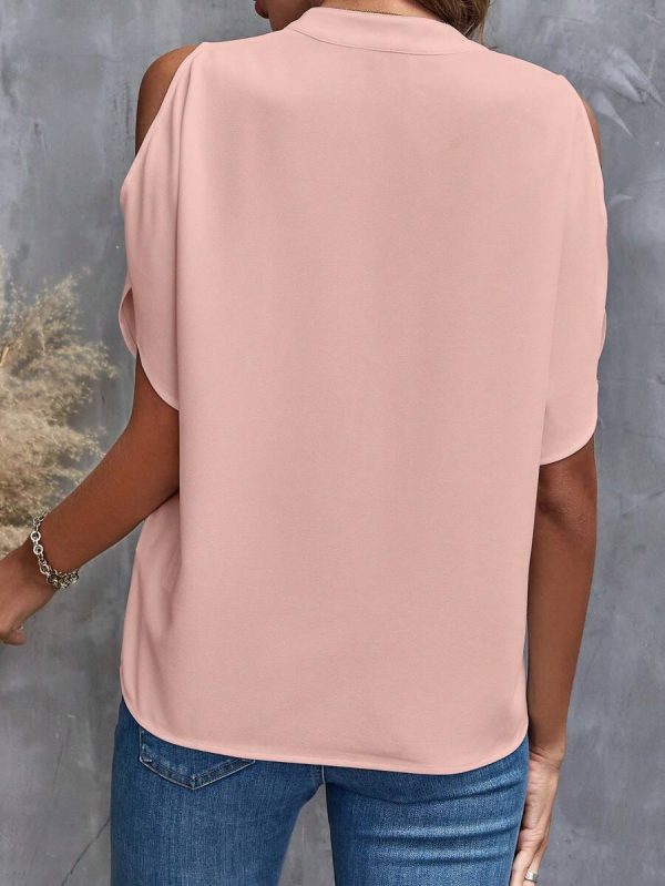 Solid Cold Shoulder Split Sleeve Popover Blouse - Image 2