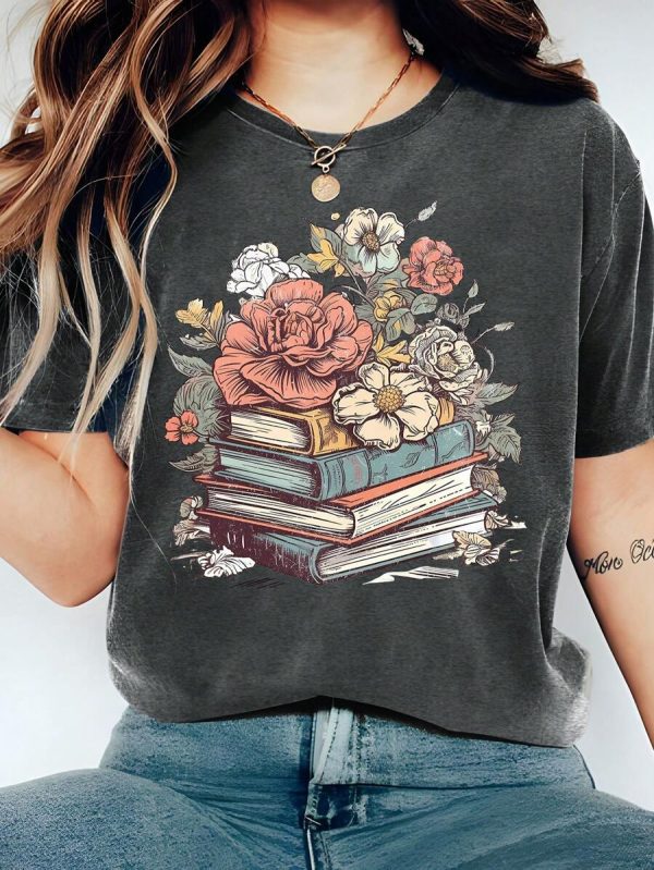 Qutie Summer Top With Book And Flower Pattern Printed, Suitable For Women's Teacher's Day T-Shirt - Image 2