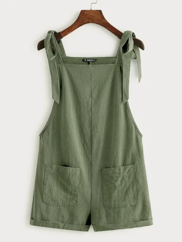 Summer Casual And Loose St Patrick Day Knot Strap Pocket Patched Pinafore Green Short Romper