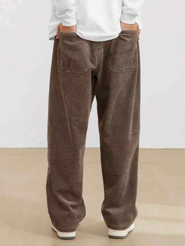 Manfinity Hypemode Loose Fit Men's Corduroy Pants With Letter Patch Detail Baggy Long Slacks Plain Going Out - Image 3