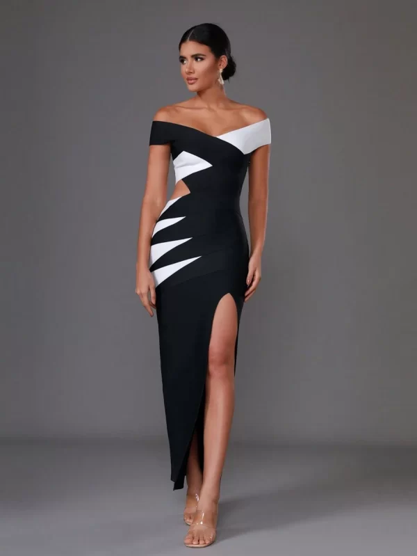 Women's Fashion Off Shoulder Black And White V-Neck Slit Dress Evening Party Lady Bandage Dress