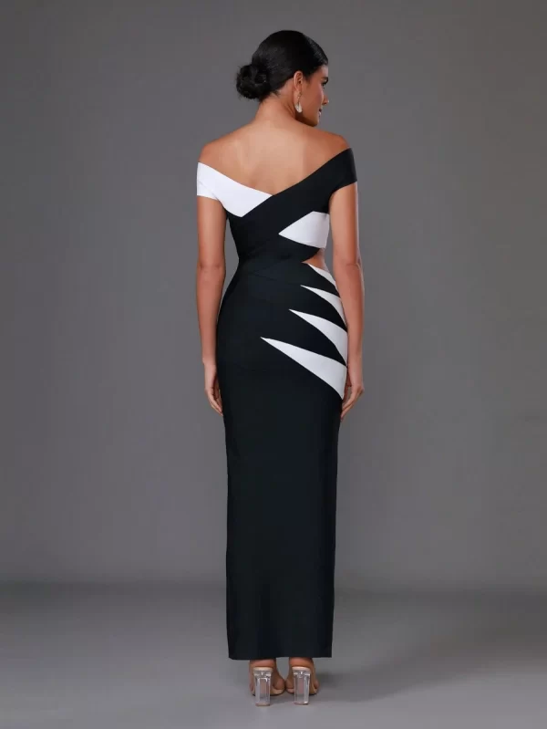 Women's Fashion Off Shoulder Black And White V-Neck Slit Dress Evening Party Lady Bandage Dress - Image 3