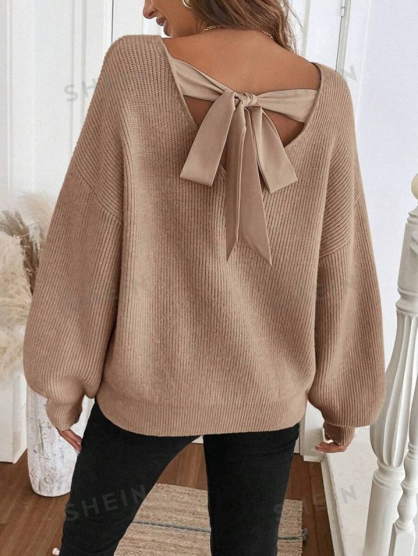Women Vintage French Street Style Bow Decor Crew Neck Long Sleeve Knitted Sweater, Autumn/Winter