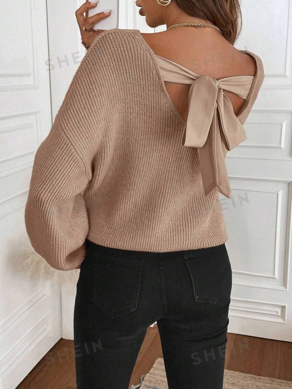 Women Vintage French Street Style Bow Decor Crew Neck Long Sleeve Knitted Sweater, Autumn/Winter - Image 3
